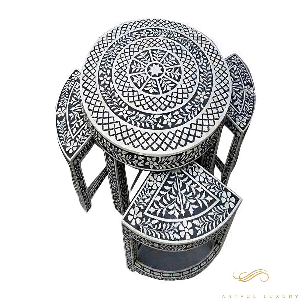 Antique Coffee Table | Bone Inlay 4 Triangular Stools | Luxury Handmade Coffee Table
