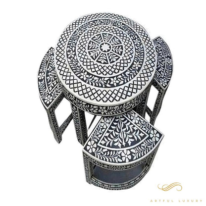 Antique Coffee Table | Bone Inlay 4 Triangular Stools | Luxury Handmade Coffee Table