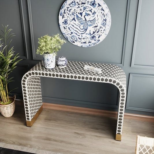 Honeycomb Pattern Console Table Bone Inlay