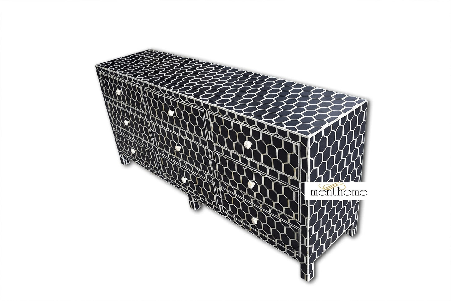 Bone Inlay Ikat Design 9 Drawers TVC, Media Unit, Indigo Blue TV Cabinet, Bone Inlay Home Decor Furniture Handmade Design Bone inlay Wooden