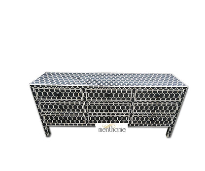 Bone Inlay Ikat Design 9 Drawers TVC, Media Unit, Indigo Blue TV Cabinet, Bone Inlay Home Decor Furniture Handmade Design Bone inlay Wooden