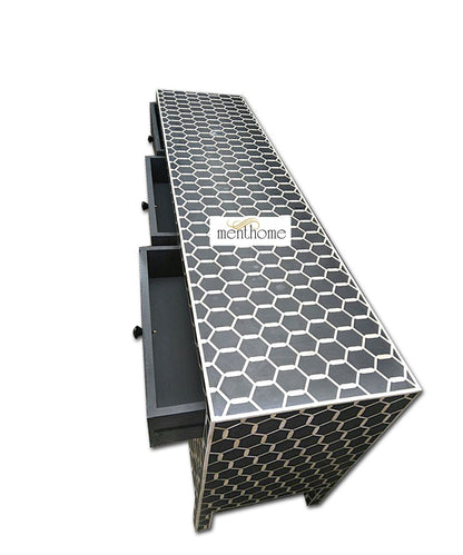 Bone Inlay Ikat Design 9 Drawers TVC, Media Unit, Indigo Blue TV Cabinet, Bone Inlay Home Decor Furniture Handmade Design Bone inlay Wooden