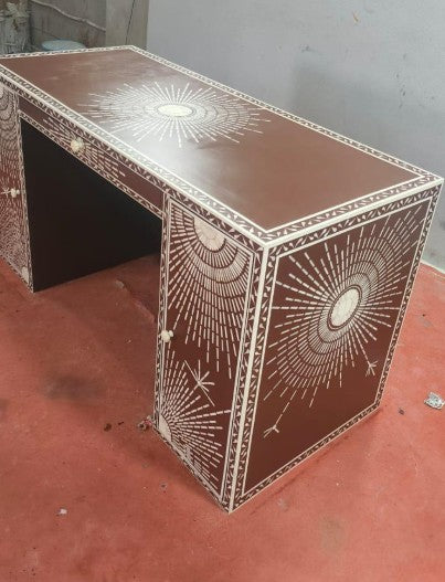 Luxury Bone Inlay Writing Desk with Sunburst Design (56"W x 24"D x 30"H) | Handmade Study Desk & Home Office Furniture
