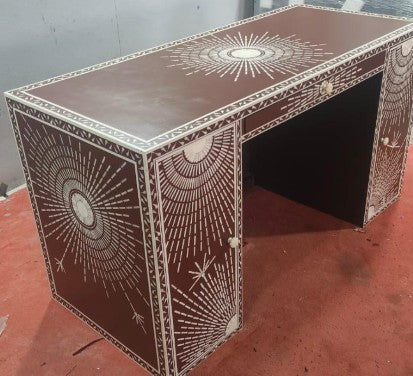 Luxury Bone Inlay Writing Desk with Sunburst Design (56"W x 24"D x 30"H) | Handmade Study Desk & Home Office Furniture