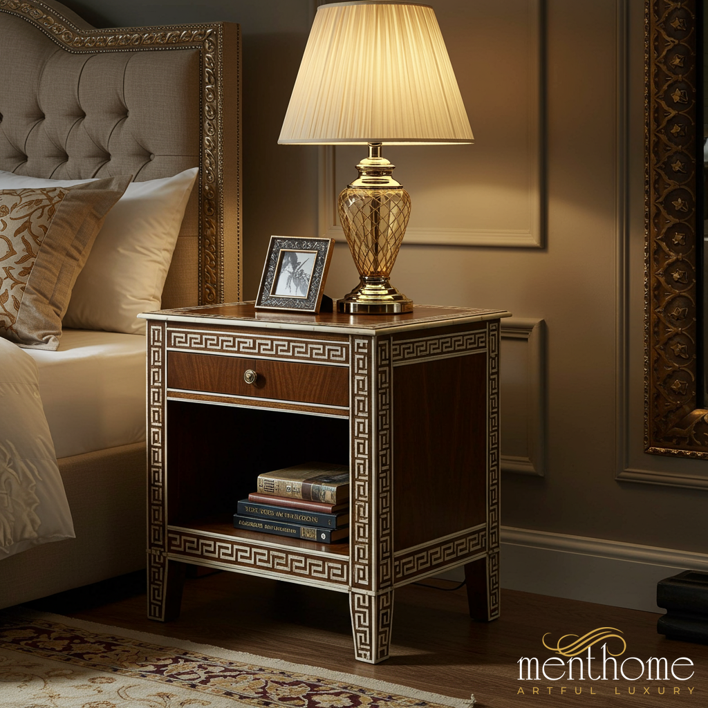 Classic Patterned Wooden Nightstand with Drawer and Open Shelf | Luxury Handmade Bedside Table