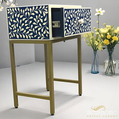 Navy Blue Nightstand Floral Design Resin | Luxury Handmade Bedside Table
