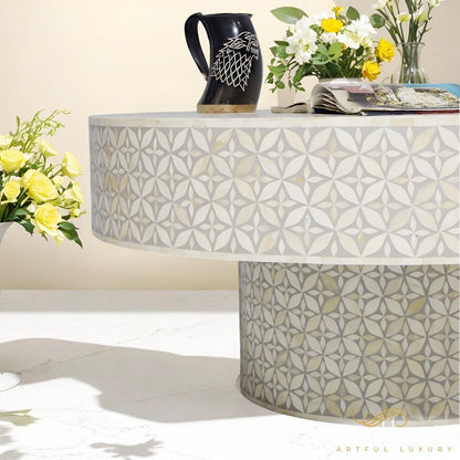 Round Coffee Table with Eye Pattern Bone Inlay | Luxury Handmade Coffee Table
