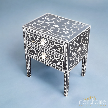 Lotus Pattern Nightstand With Two Drawer Bone Inlay | Luxury Handmade Bedside Table