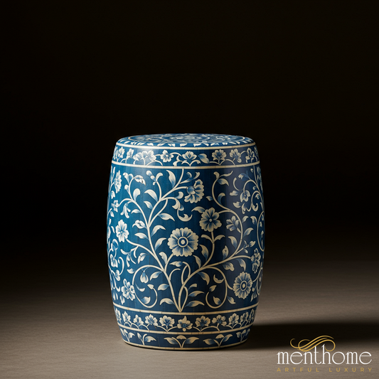 Blue Floral Ceramic Garden Stool | Luxury Handmade Stool