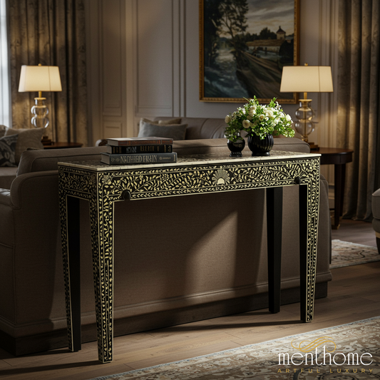 Elegant Black and Gold Console Table with Floral Inlay | Luxury Handmade Console