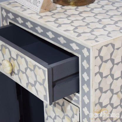 Targua pattern Bedside table Grey Bone Inlay 1-drawer | Luxury Handmade Bedside Table