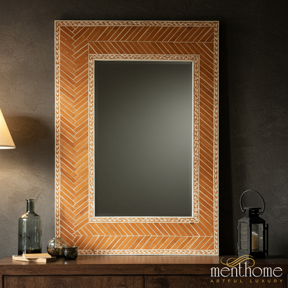 Decorative Wall Mirror with Orange Bone Inlay Frame | Luxury Handmade Mirror