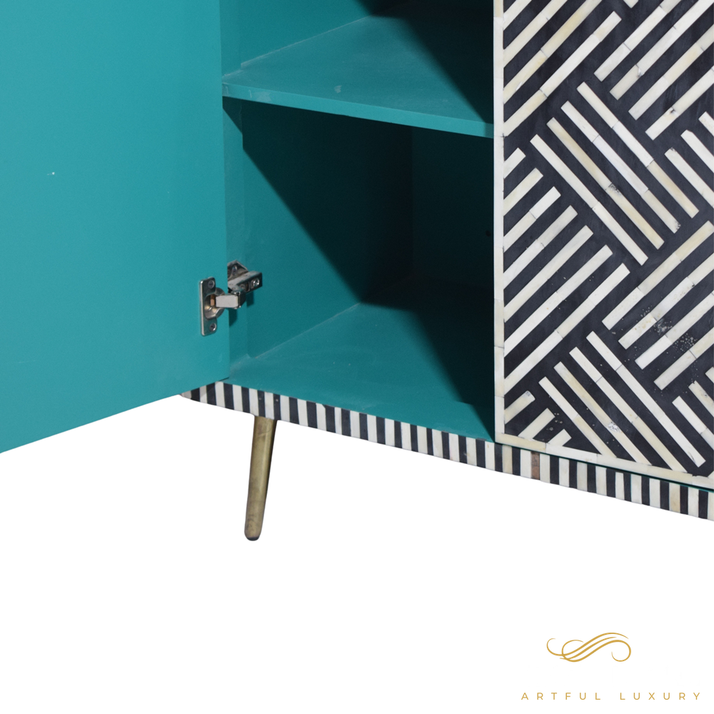 Black 4-Door Optical Pattern Bone Inlay Cabinet with Brass leg | Luxury Handmade Cabinet