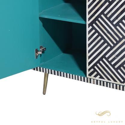 Black 4-Door Optical Pattern Bone Inlay Cabinet with Brass leg | Luxury Handmade Cabinet