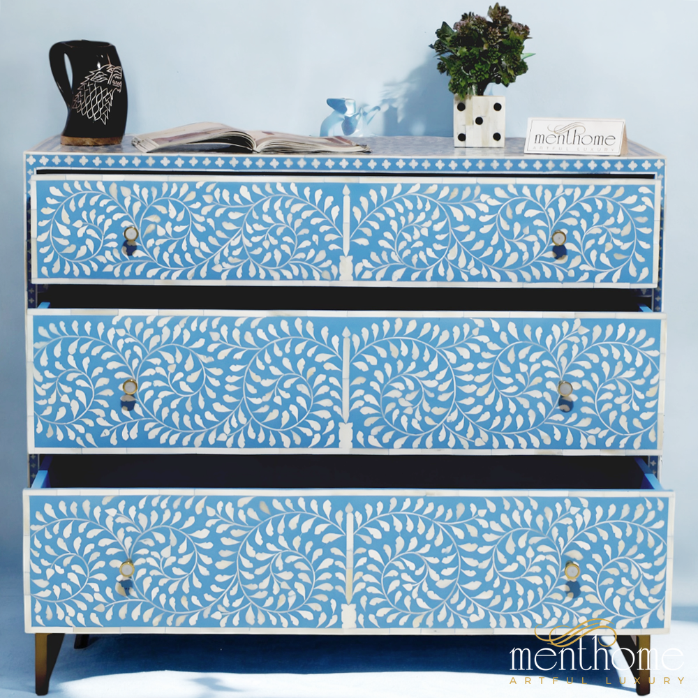 Bone Inlay Dressers Blue Floral 3-drawers with brass leg | Luxury Handmade Dresser