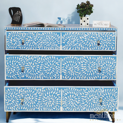 Bone Inlay Dressers Blue Floral 3-drawers with brass leg | Luxury Handmade Dresser