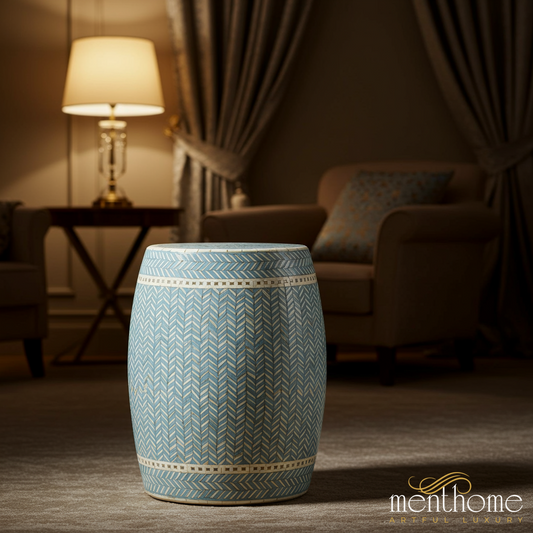 Blue Patterned Ceramic Garden Stool | Luxury Handmade Stool