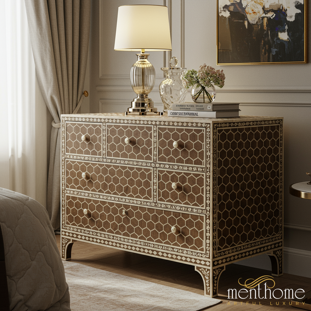 Elegant Honeycomb Pattern Wooden Dresser With Inlaid Design… – Menthome USA