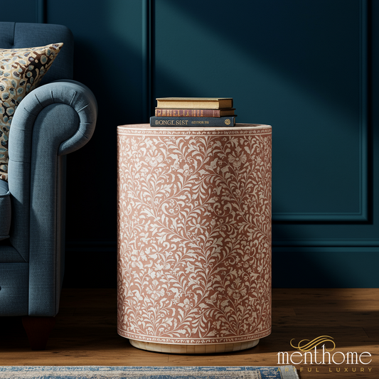 Elegant Floral Storage Drum | Luxury Handmade Side Table
