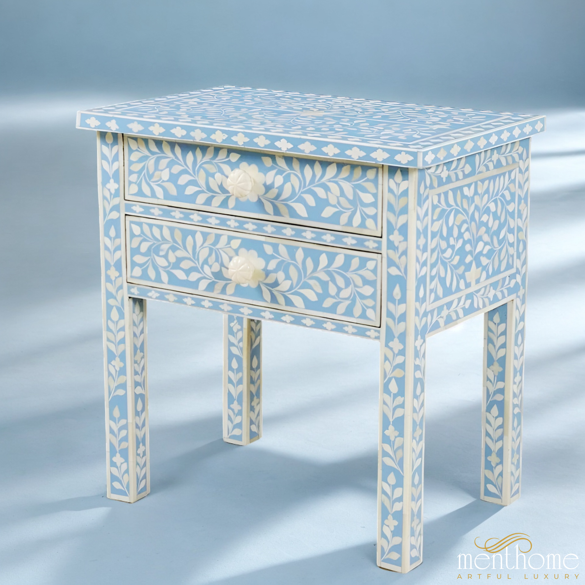 Handmade Blue Bone Inlay Bedside Table Wooden Table | Luxury Handmade Bedside Table