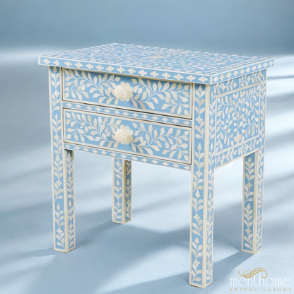 Handmade Blue Bone Inlay Bedside Table Wooden Table | Luxury Handmade Bedside Table