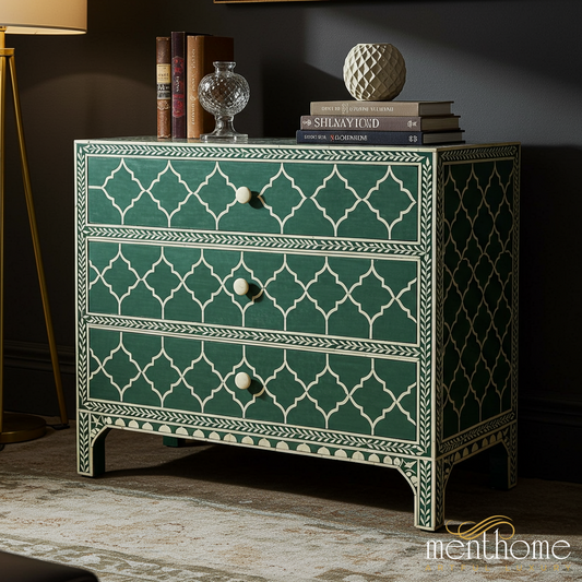 Green and Ivory Patterned 3-Drawer Chest | Luxury Handmade Chest of Drawer