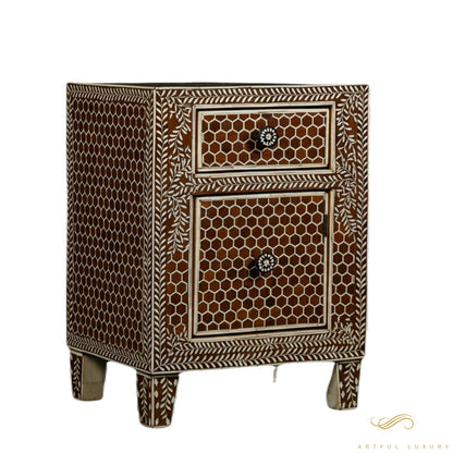 Handmade Brown Bone Inlay Bedside Table with Two Drawers | Luxury Handmade Bedside Table
