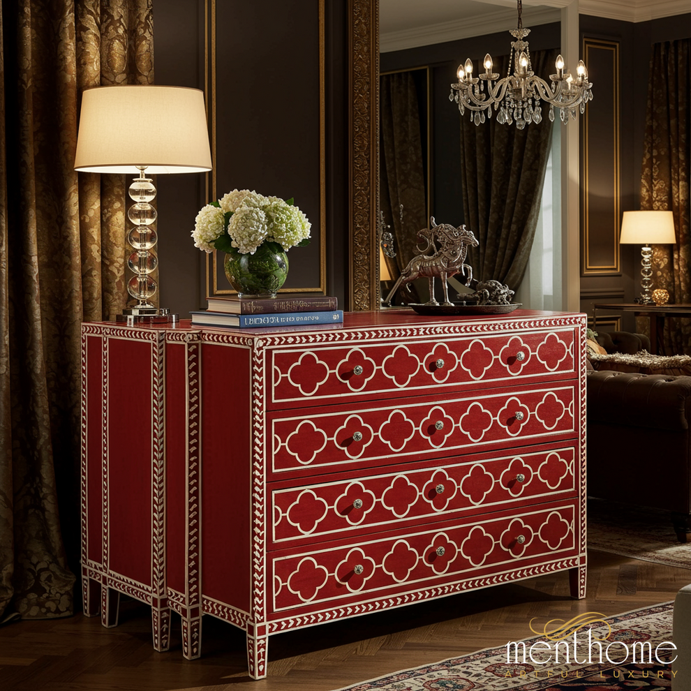red dresser chest Red Decorative Wooden Chest of Drawers with Inlay Pattern | Luxury Handmade Dresser