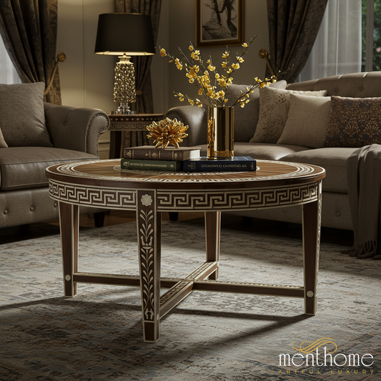 Elegant Round Wooden Coffee Table with Inlaid Design | Luxury Handmade Coffee Table