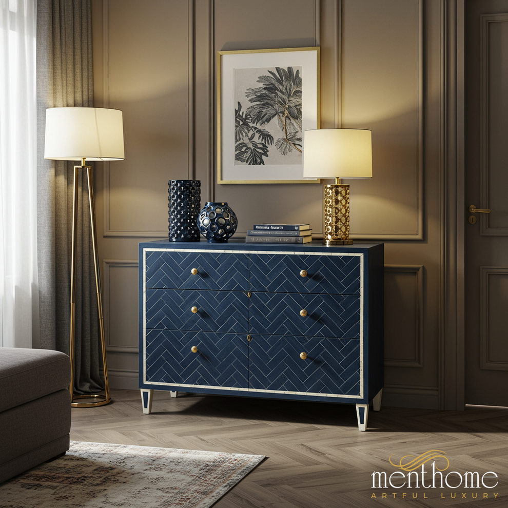 Elegant Navy Blue and Gold Accent Chest | Luxury Handmade Dresser - M(60"Wx18"Dx30"H) / Bone-like Elegant Navy Blue and Gold Accent Chest | Luxury Handmade Dresser - M(60"Wx18"Dx30"H) / Bone-like