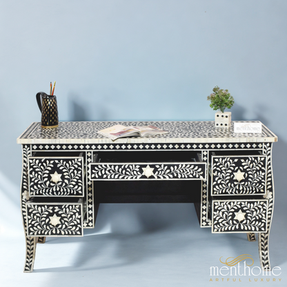 Black 5 drawers Bone Inlay Floral office desk | Luxury Handmade Desk