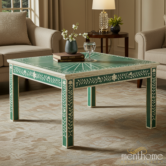 Elegant Green and White Inlaid Coffee Table | Luxury Handmade Coffee Table