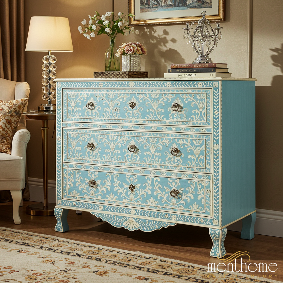 heels to wear with navy blue dress Vintage Blue Hand Painted Wooden Dresser With Floral Motifs… – Menthome USA
