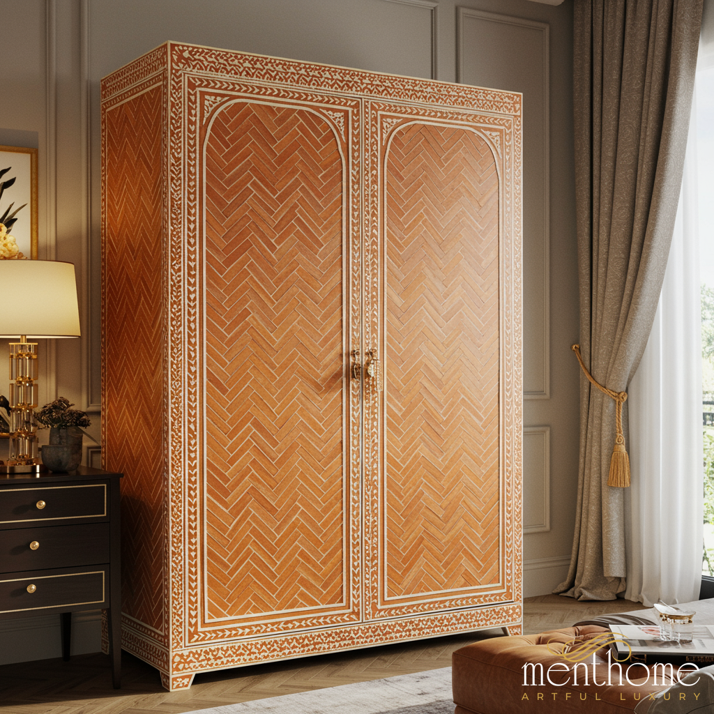 Handcrafted Wooden Wardrobe with Intricate Bone Inlay Design | Luxury Handmade Wardrobe