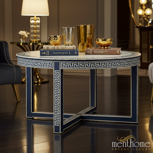 Elegant Round Coffee Table with Greek Key Pattern | Luxury Handmade Coffee Table