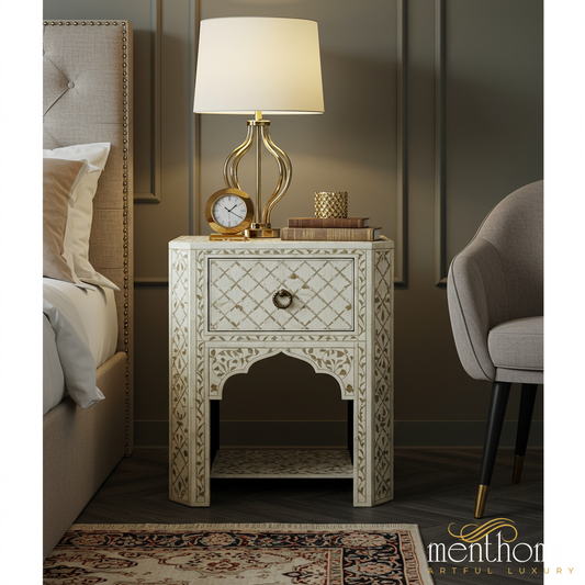 Elegant Inlay Patterned Bedside Table with Drawer | Luxury Handmade Bedside Table