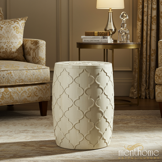 Elegant White Wooden Garden Stool with Lattice Design | Luxury Handmade Stool