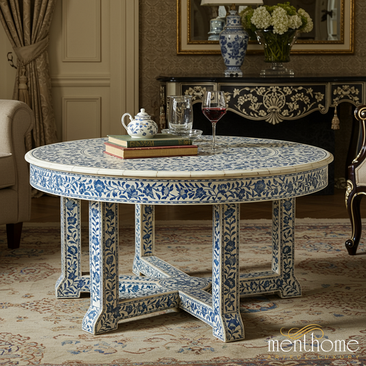 Handcrafted Blue and White Floral Inlay Coffee Table | Luxury Handmade Coffee Table