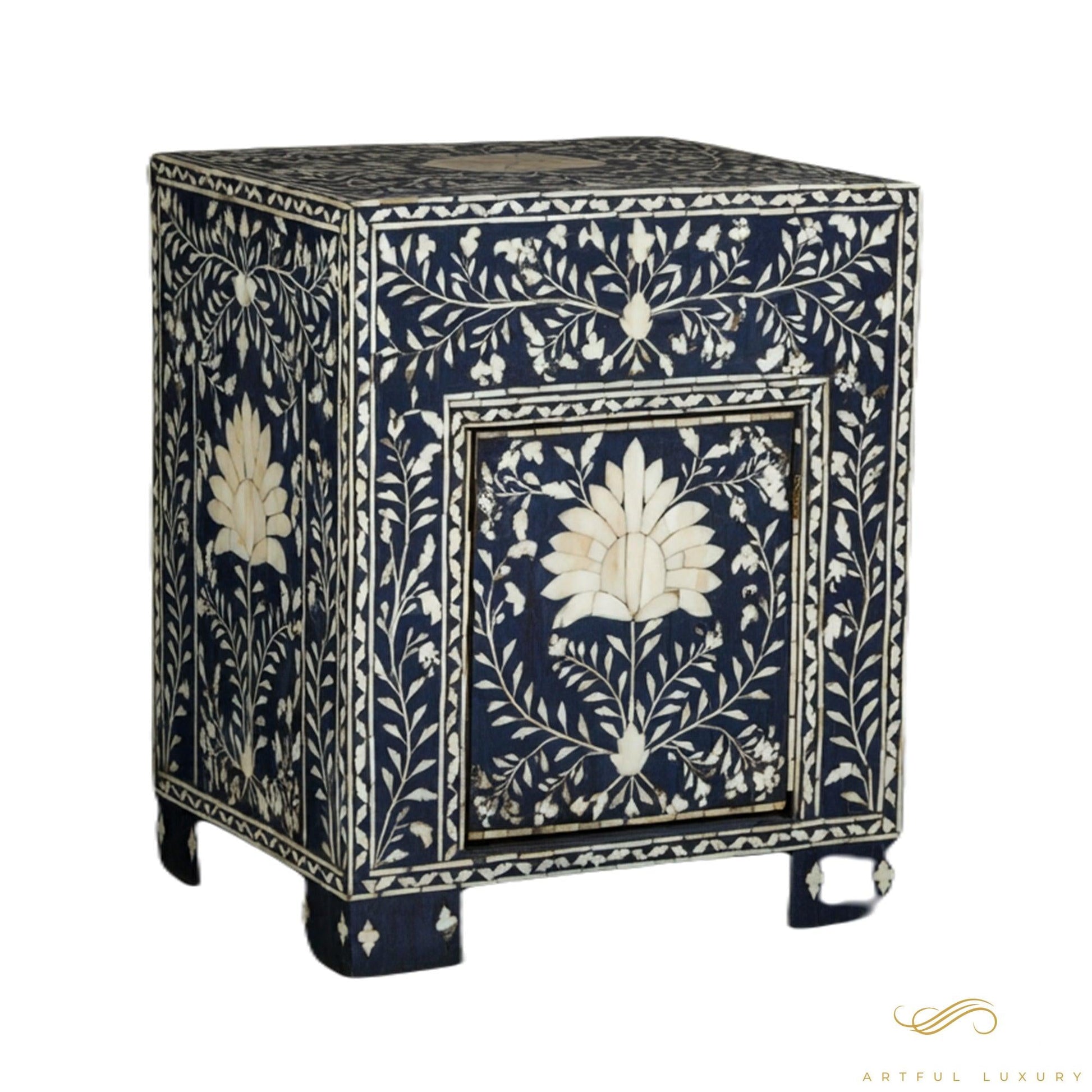 Navy Blue Bone Inlay Handmade Bedside Table with Two Drawers | Luxury Handmade Bedside Table