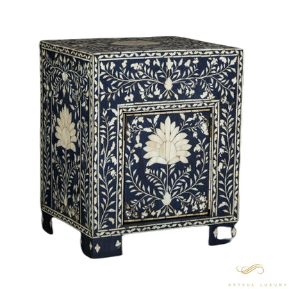 Navy Blue Bone Inlay Handmade Bedside Table with Two Drawers | Luxury Handmade Bedside Table