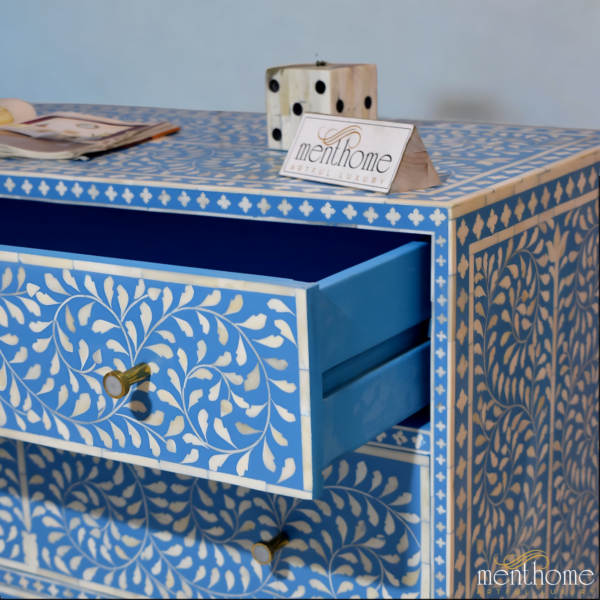Bone Inlay Dressers Blue Floral 3-drawers with brass leg | Luxury Handmade Dresser