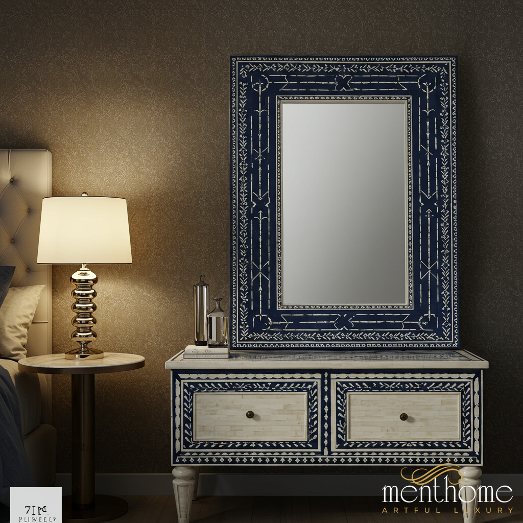 Vintage Blue and White Inlay Dressing Table with Mirror | Luxury Handmade Mirror