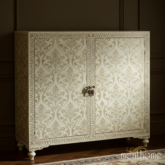 Vintage Ornate Wooden Cabinet with Damask Pattern | Luxury Handmade Cabinet