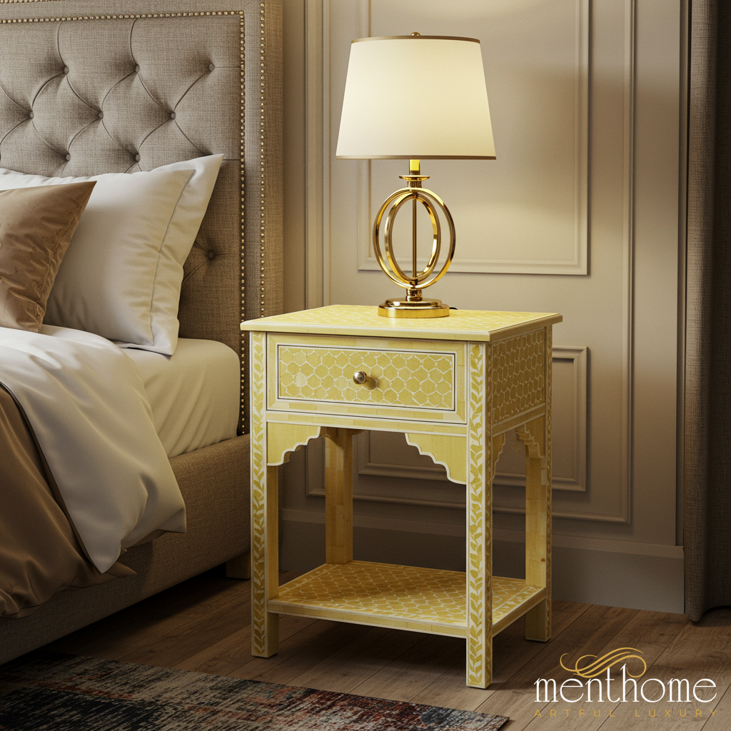 Bedside Table Patterned Yellow Patterned Wooden Bedside Table With Single Drawer –… – Menthome USA