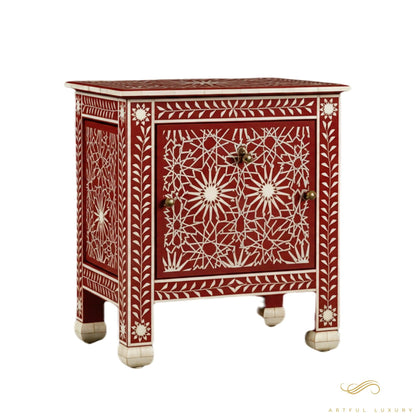 Handmade Bone Inlay Red Bedside Table In Geometric Pattern | Luxury Handmade Bedside Table