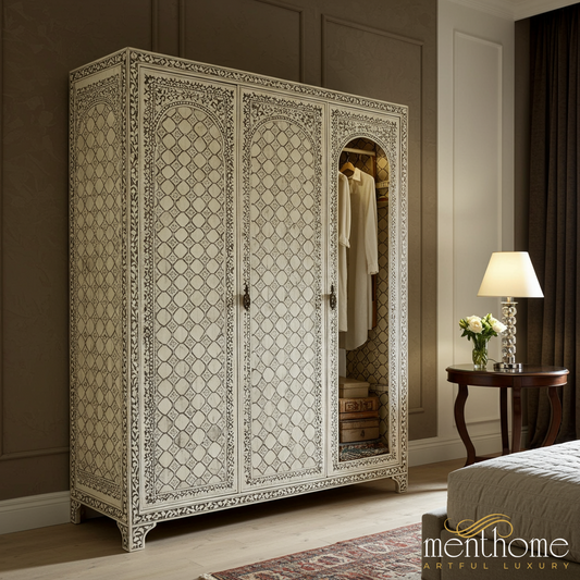 Handcrafted Bone Inlay Wardrobe Cabinet | Luxury Handmade Wardrobe