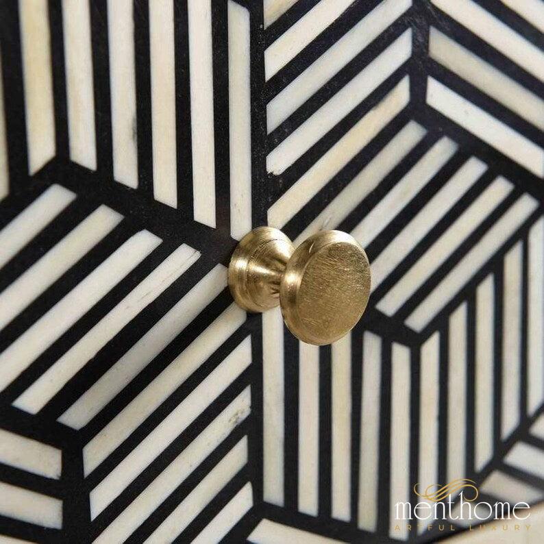 BONE INLAY GEOMETRIC DESIGN METAL BASE ACCENT BEDSIDE TABLE | Luxury Handmade Bedside Table