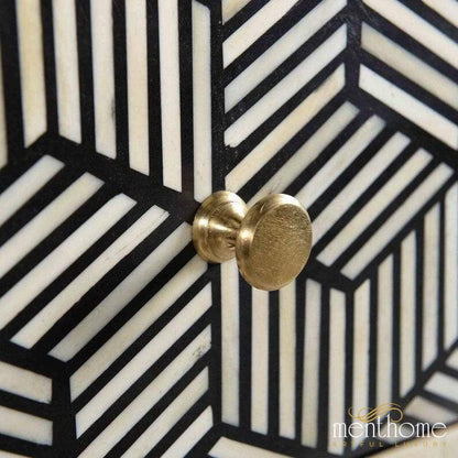 BONE INLAY GEOMETRIC DESIGN METAL BASE ACCENT BEDSIDE TABLE | Luxury Handmade Bedside Table