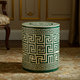 Green and White Greek Key Pattern Ceramic Side Table | Luxury Handmade Stool
