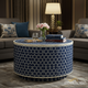 Modern Round Blue Hexagon Pattern Storage Ottoman Coffee Table | Luxury Handmade Coffee Table